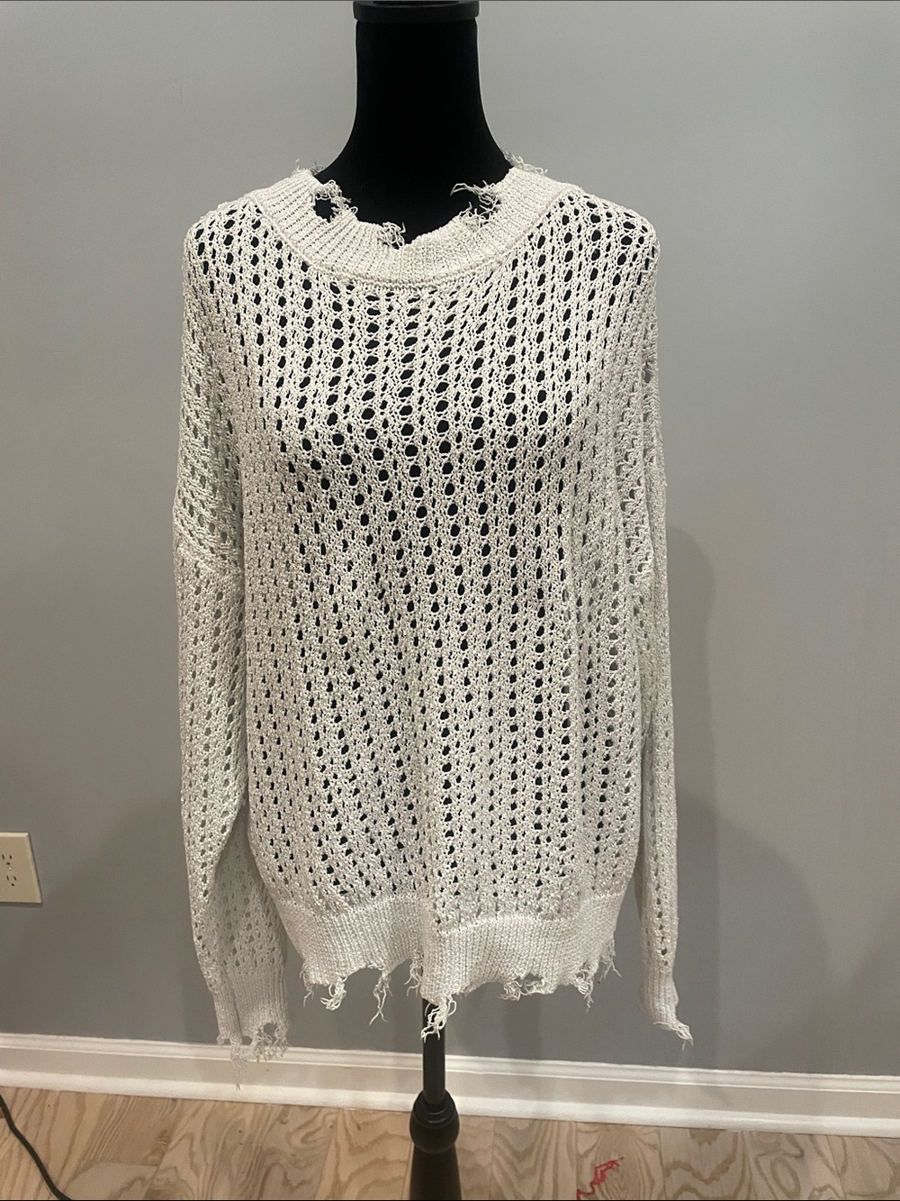 Daytrip super lite blue  Open-Knit Distressed Crewneck Sweater